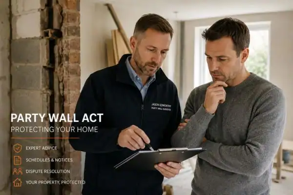 Party wall surveyor Sutton Coldfield discussing extension plans with homeowner outside a UK semi-detached house.